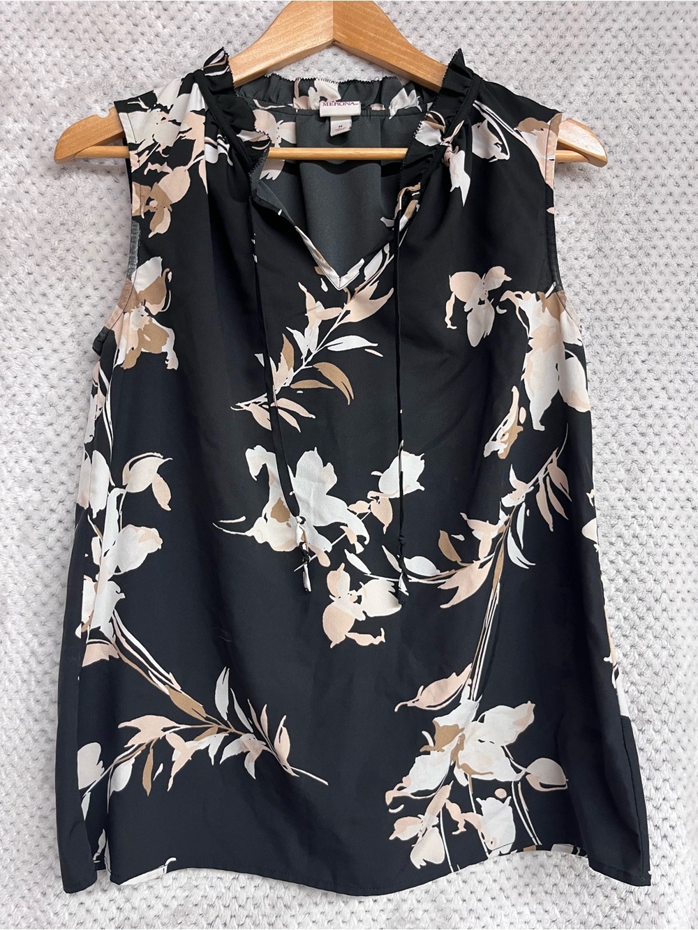 Merona Black Floral Ruffle V-Neck Blouse with Cream and Tan Accents